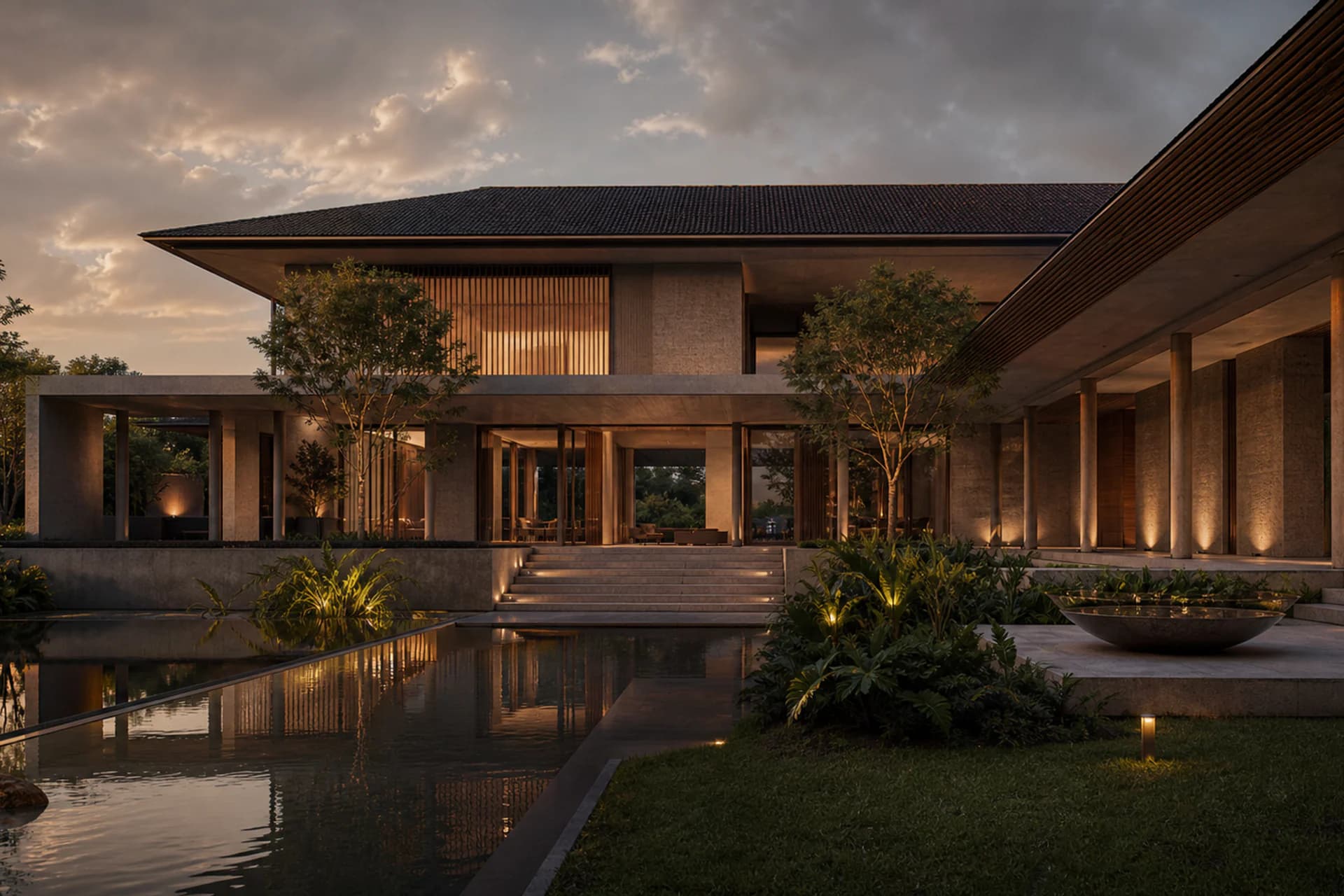 Photoreal architectural rendering of a premium villa at golden hour.