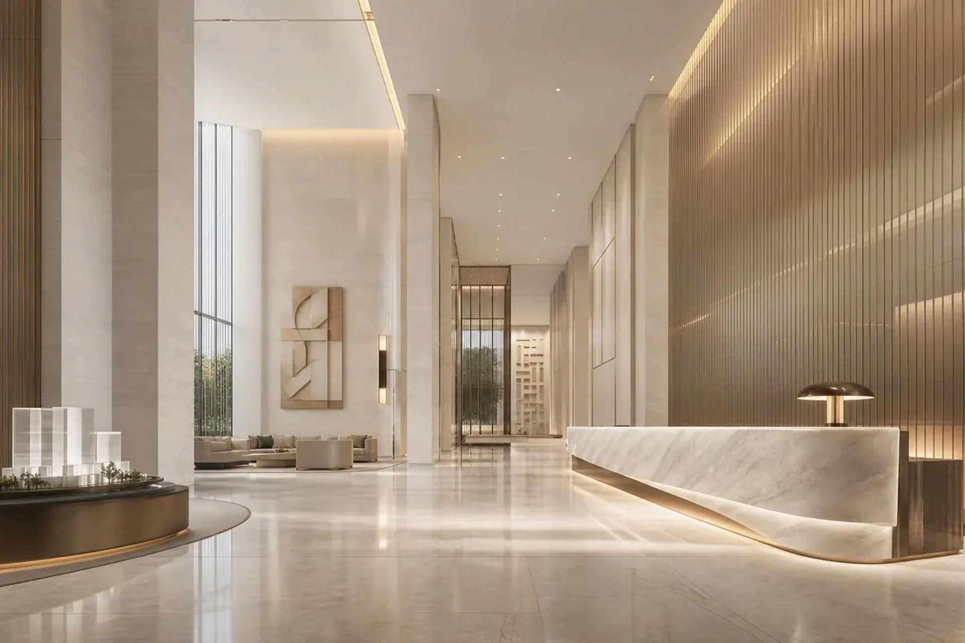 Refined interior lobby with warm lighting, layered materials and premium detailing.