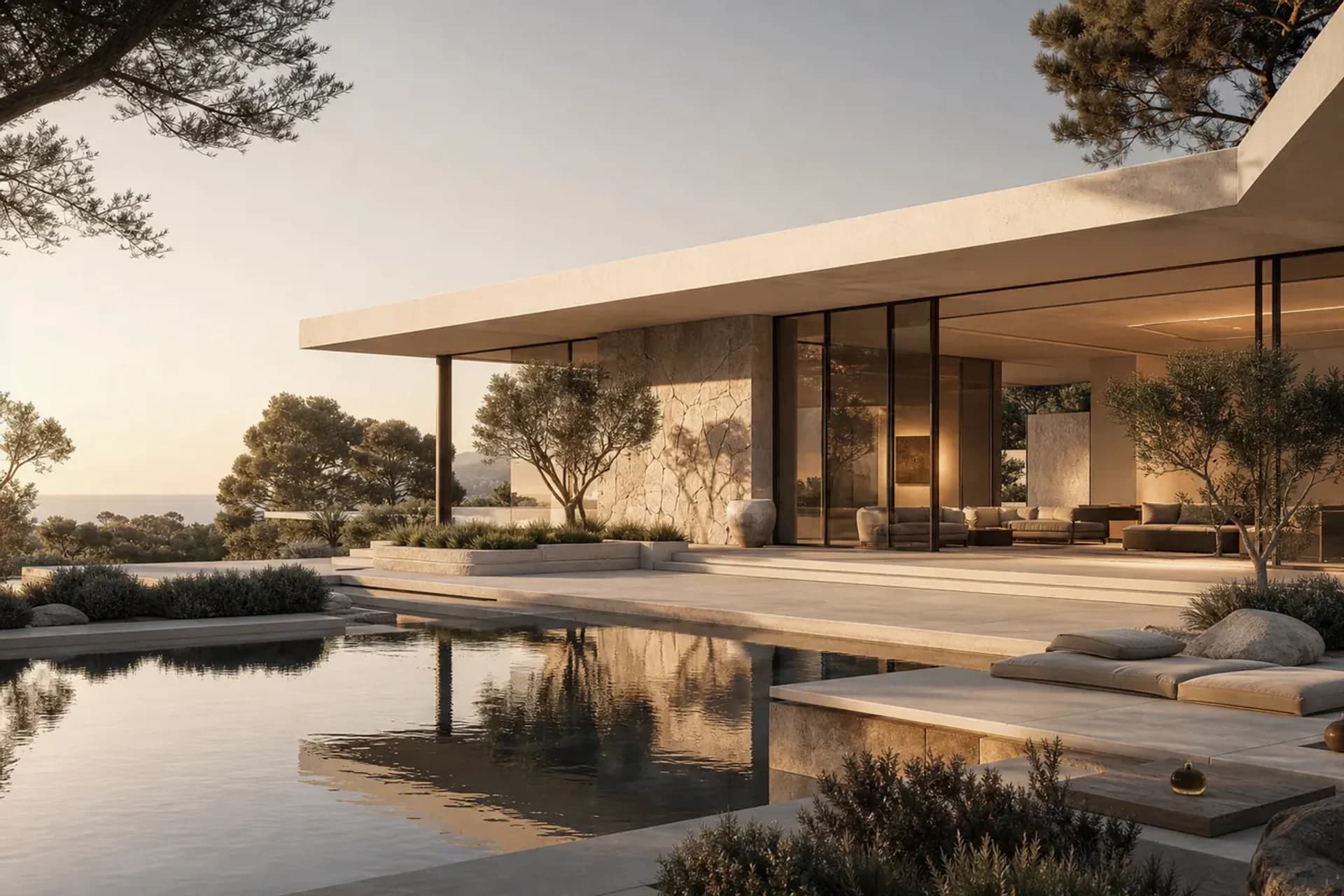 Waterfront landscape with planted edges, open-air living and a seamless indoor-outdoor transition.