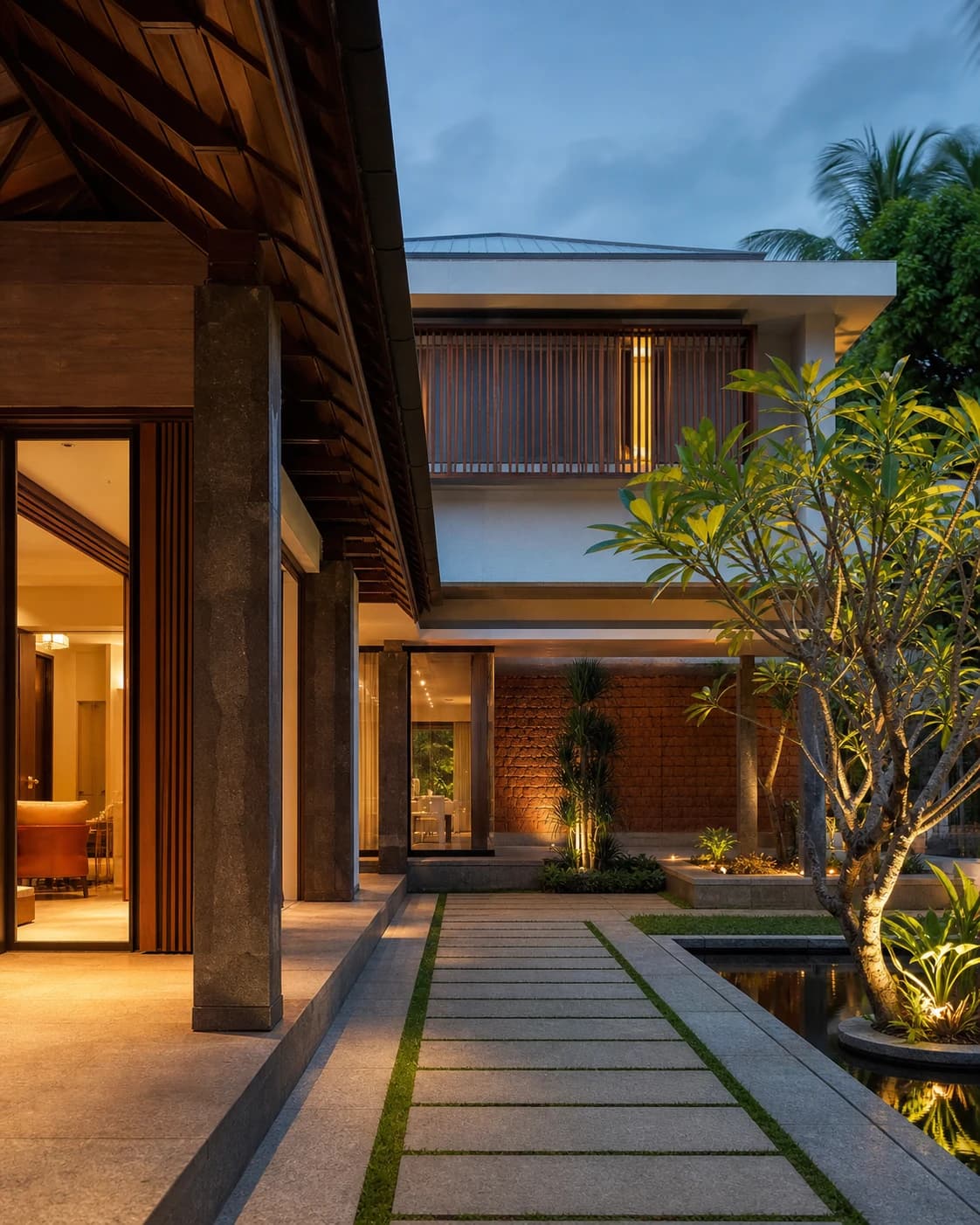 Premium South Indian contemporary villa courtyard with natural stone, warm lighting, and tropical planting.